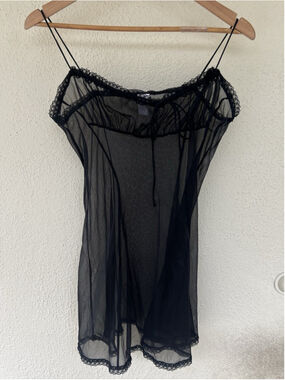 Fifi Chachnil Sheer Black Mesh Lace Cami Slip Dress L Empire Waist Sexy France